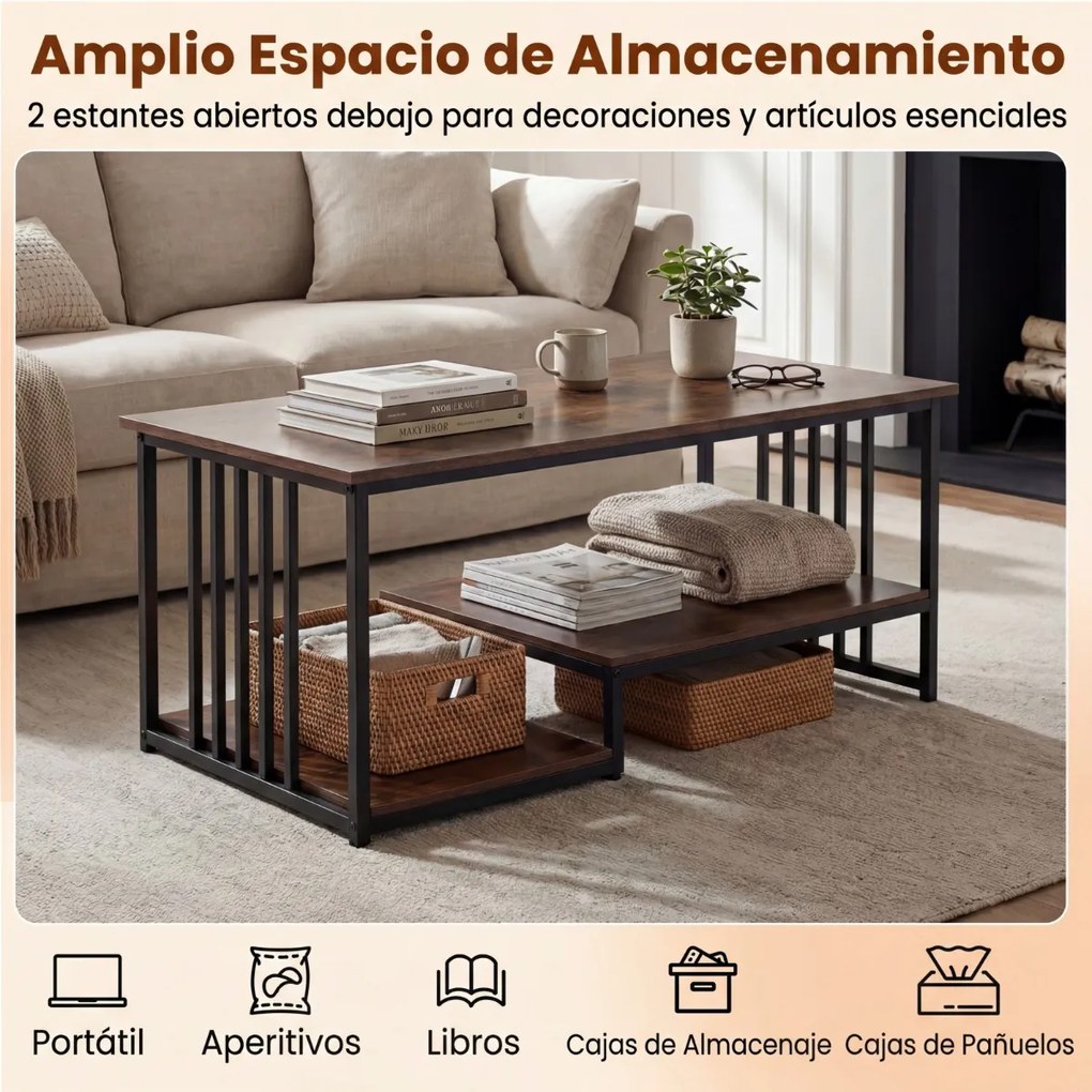 Mesa de centro retangular 110 x 60 x 45 cm com 2 prateleiras de arrumação, Estrutura metálica resistente, mesa moderna para sala de estar em castanho