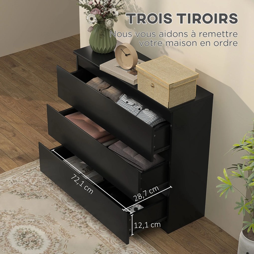 Cómoda com 3 gavetas 80 L x 39 P x 73 A cm, móvel de arrumação de linhas simples para o quarto, interior, preto