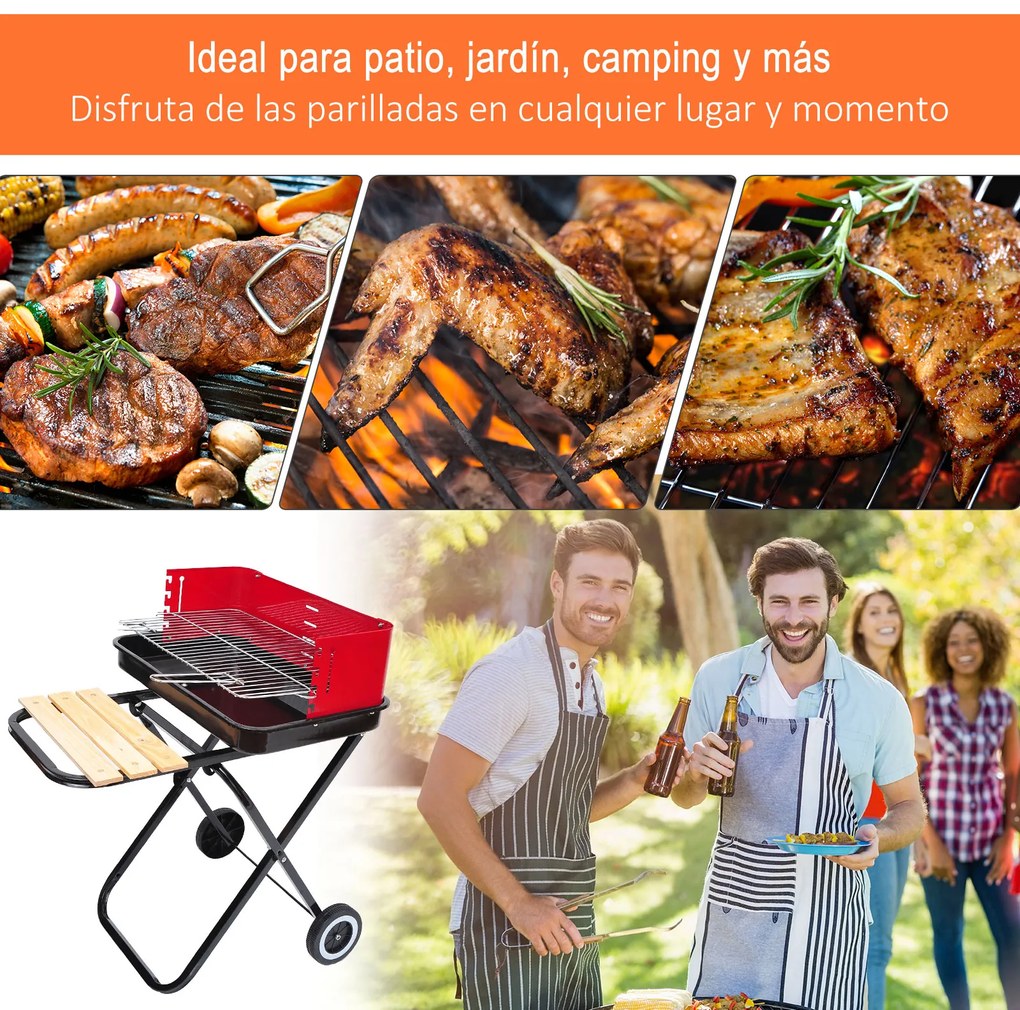 Outsunny Churrasqueira a carvão portátil e dobrável com 2 rodas Churrasqueira com Altura Ajustável para Camping Picnic Beach 57x64x83 cm Vermelho e Preto