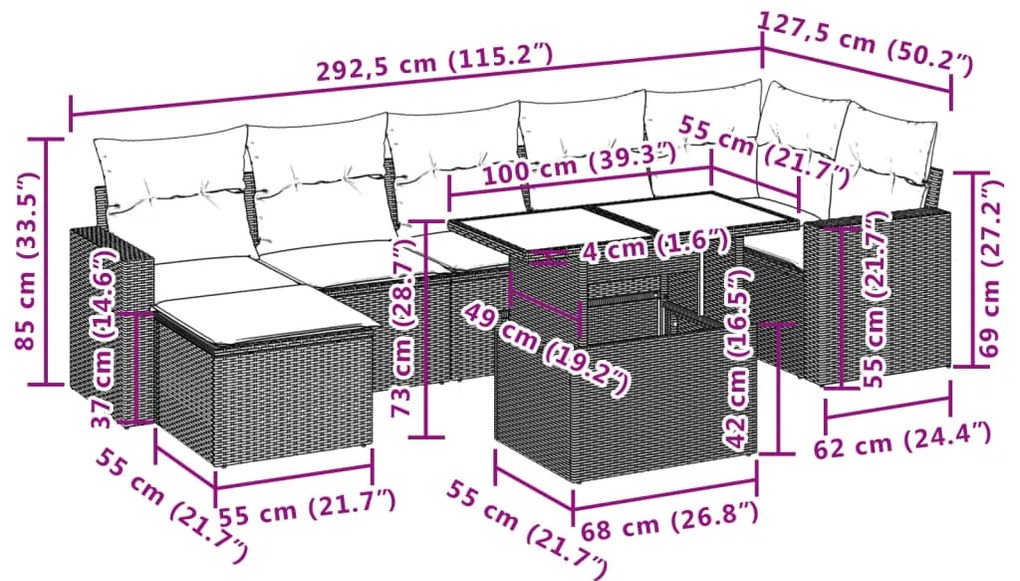 8 pcs conjunto de sofás p/ jardim com almofadões vime PE bege