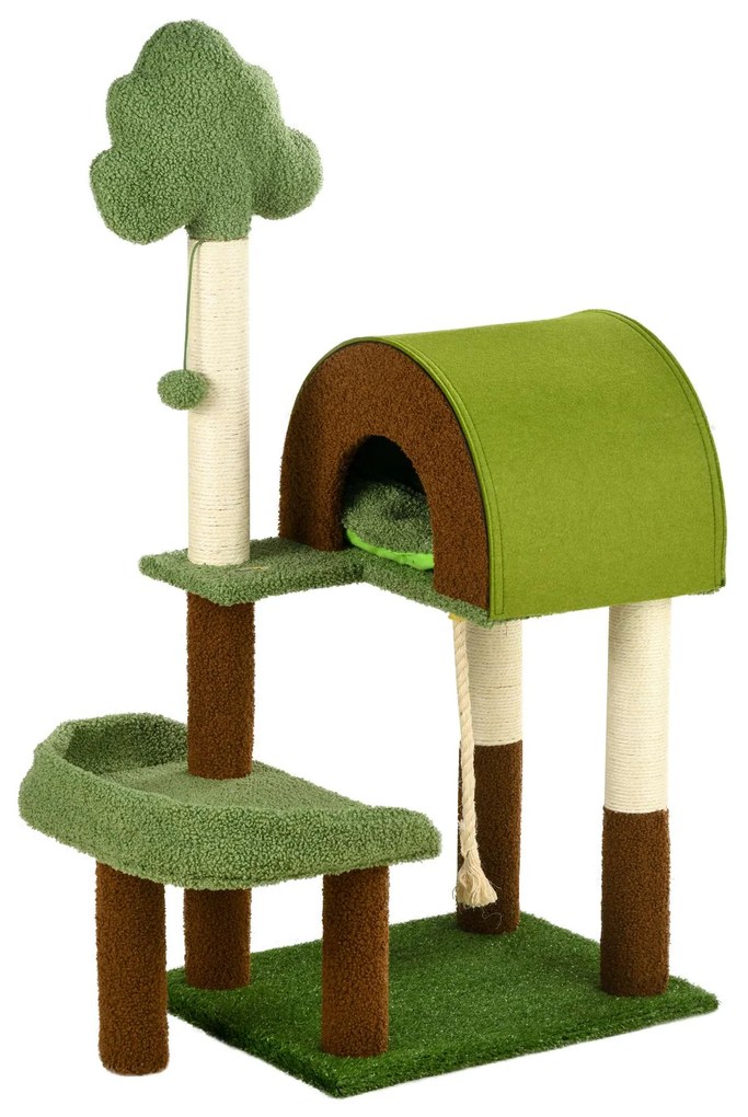 PawHut Arranhador Gatos Caverna Cama Poste Sisal Relva Artificial Bola Suspensa 49x40x107 cm Verde