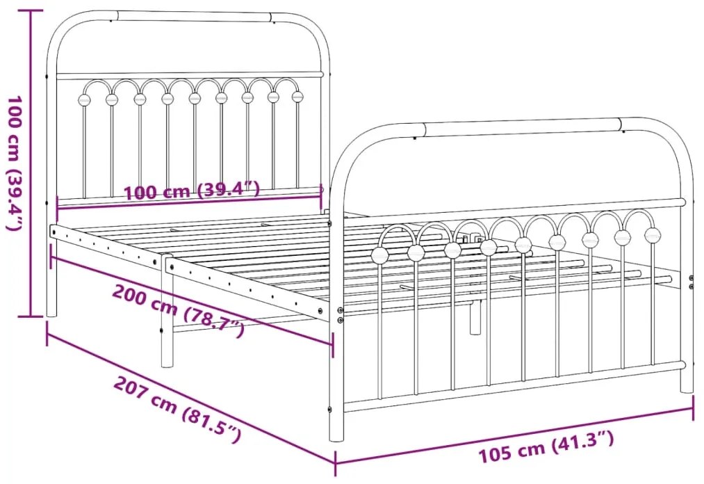 Estrutura de cama com cabeceira e pés 100x200 cm metal branco
