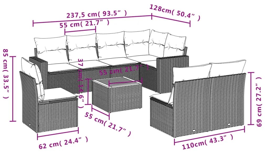 9 pcs conjunto de sofás p/ jardim com almofadões vime PE bege