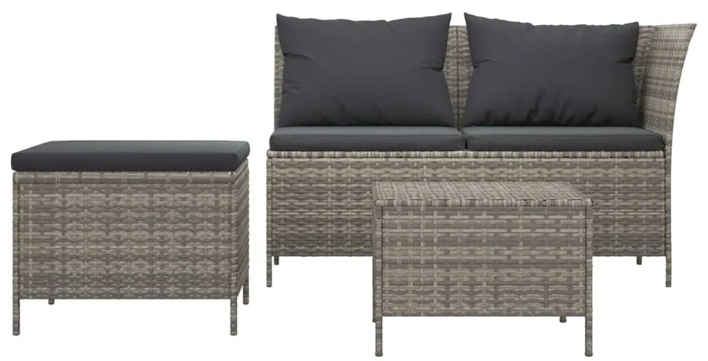 3 pcs conjunto lounge de jardim c/ almofadões vime PE cinzento