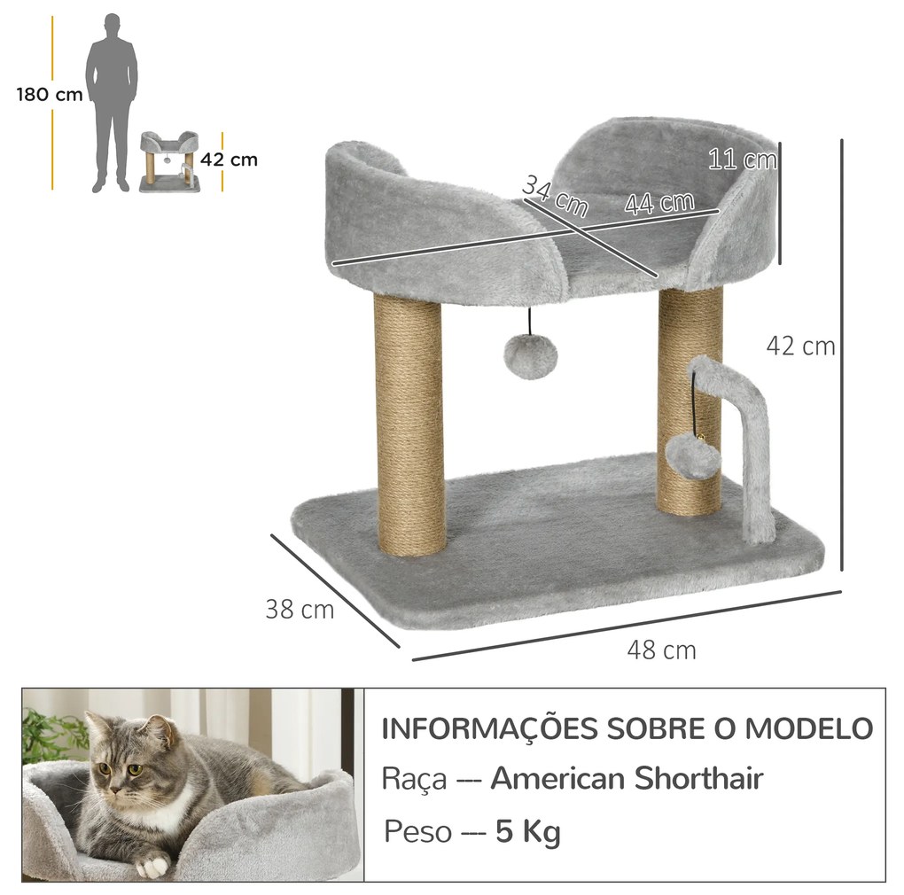 Arranhador para Gatos Pequenos Altura 42 cm Arranhador para Gatos com Cama Bolas Supensas e Postes de Juta 48x38x42 cm Cinza