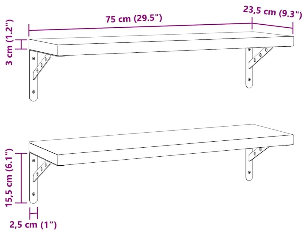Prateleiras de parede 2 pcs 75x23,5 cm aço inoxidável prateado