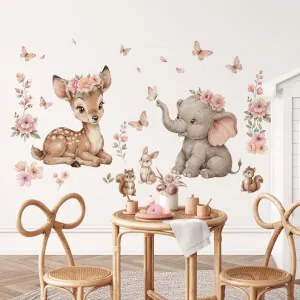 Autocolante de parede para menina - Veado e elefante com flores