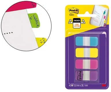 Bandas Separadoras Post-it Index Rigidas Dispensador 4 Cores Amarelo Azul Rosa e Violeta Mini 4x10 mm Pack de 40 Unidade