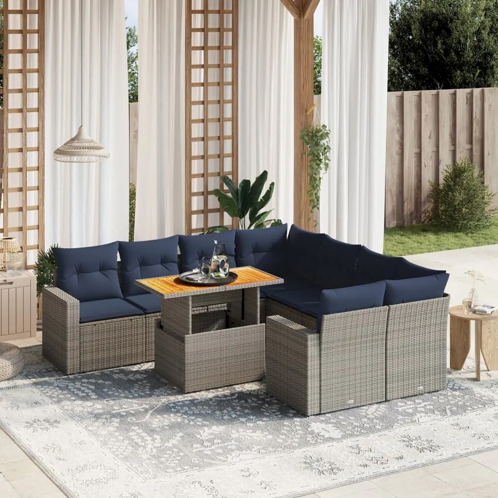 vidaXL 9 pcs conjunto sofás p/ jardim c/ almofadões vime PE cinzento
