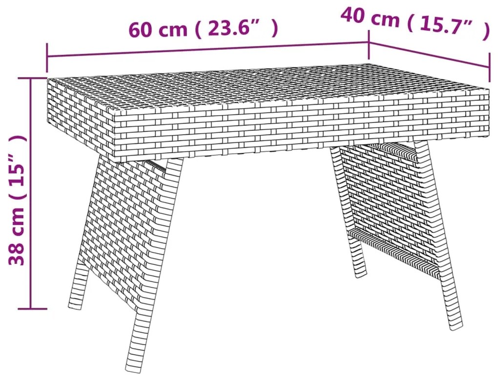 Mesa de apoio dobrável 60x40x38 cm vime PE castanho