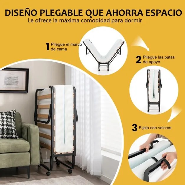 Cama dobrável com colchão de espuma e 2 rodas com travão Cama de hóspedes amovível 199 x 78 x 37 cm Preto e branco