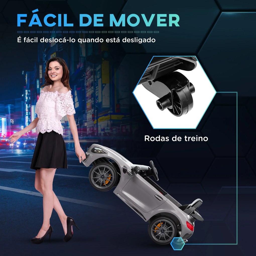 Carro Elétrico para Crianças Carro Mercedes-Benz AMG GTR com Bateria 12V Faróis Buzina e Música 108x67x46 cm Prata