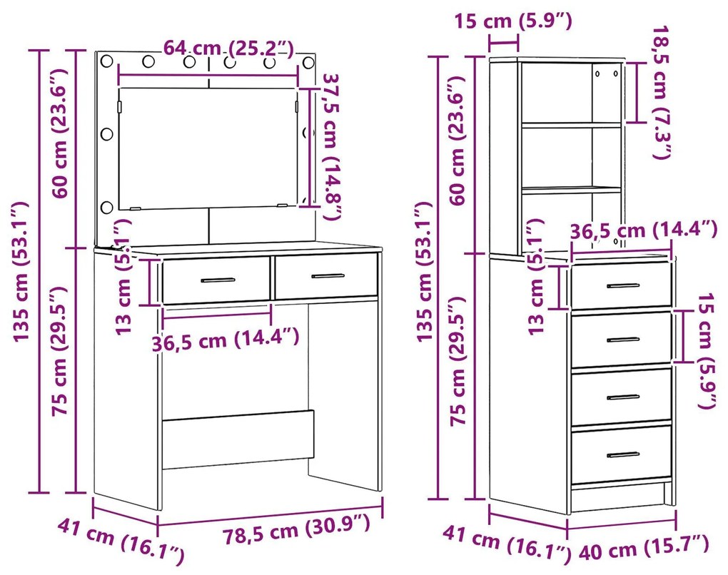 Conjunto de Mesa de Maquilhagem 2 Peças com LED Madeira de Carvalho Pr
