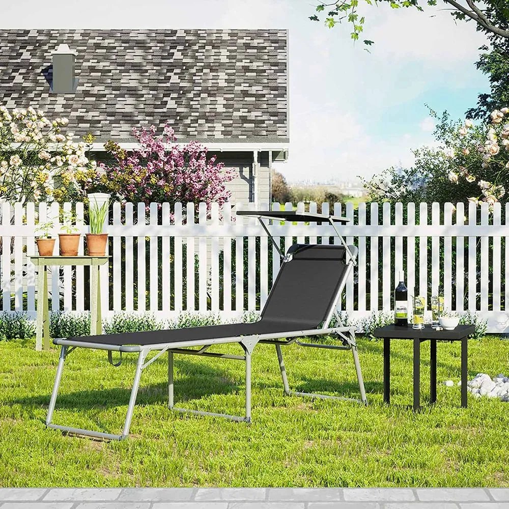 Espreguiçadeira jardim grande XXL 65 x 200 x 48 cm carga até 150 kg com pala de sol Preta