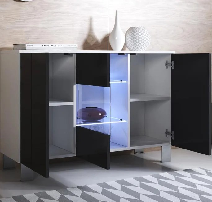 Aparador Moderno Louredo – 120x82 cm – Branco e Preto com LED Azul e P