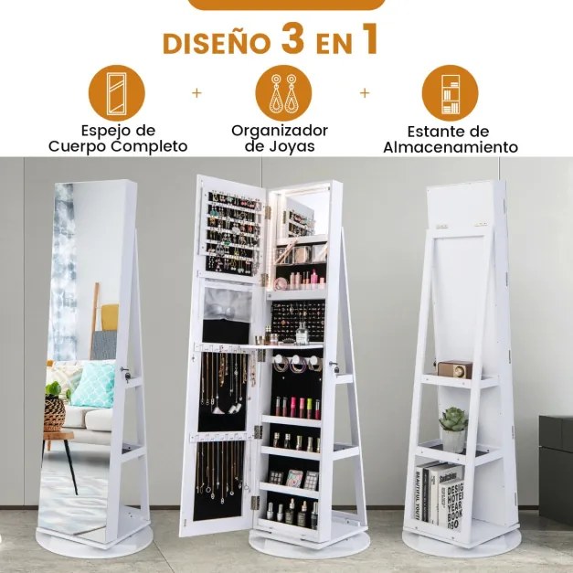 Espelho Guarda Joias rotativos 360° com luzes LED Espelho de corpo inteiro Com Estante 54,5 x 161 cm Branco