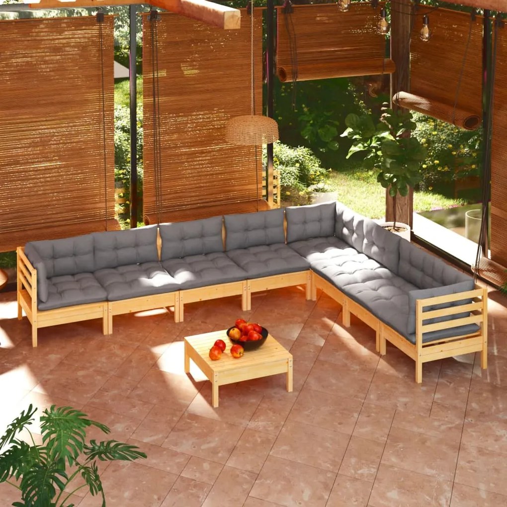 3096808 vidaXL 9 pcs conjunto lounge de jardim + almofadões cinza pinho maciço