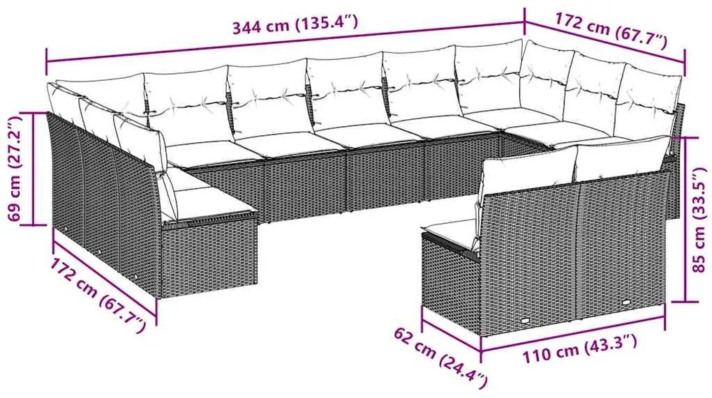12 pcs conj. sofás jardim com almofadões vime PE cinzento-claro