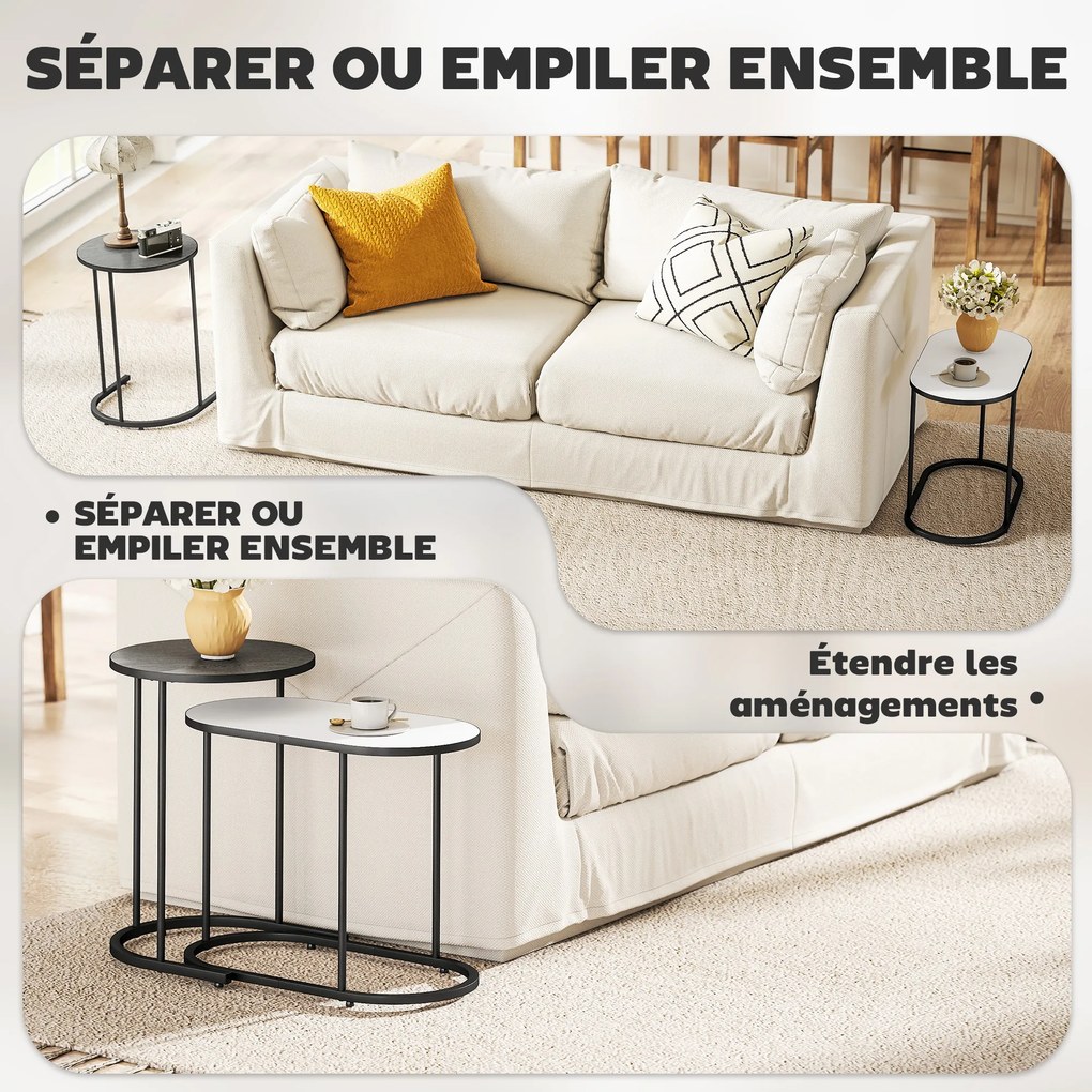 Conjunto de 2 mesas baixas encaixáveis, mesas auxiliares empilháveis de estilo contemporâneo, estrutura em metal cinzento e branco