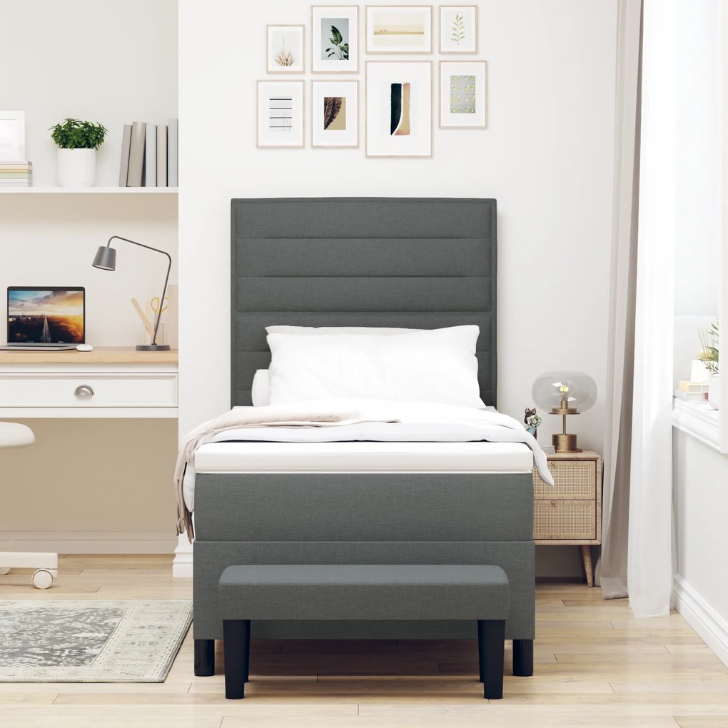 Cama Box Spring com Colchão &amp; Banco Cinza Escuro 90x190 cm Tecido