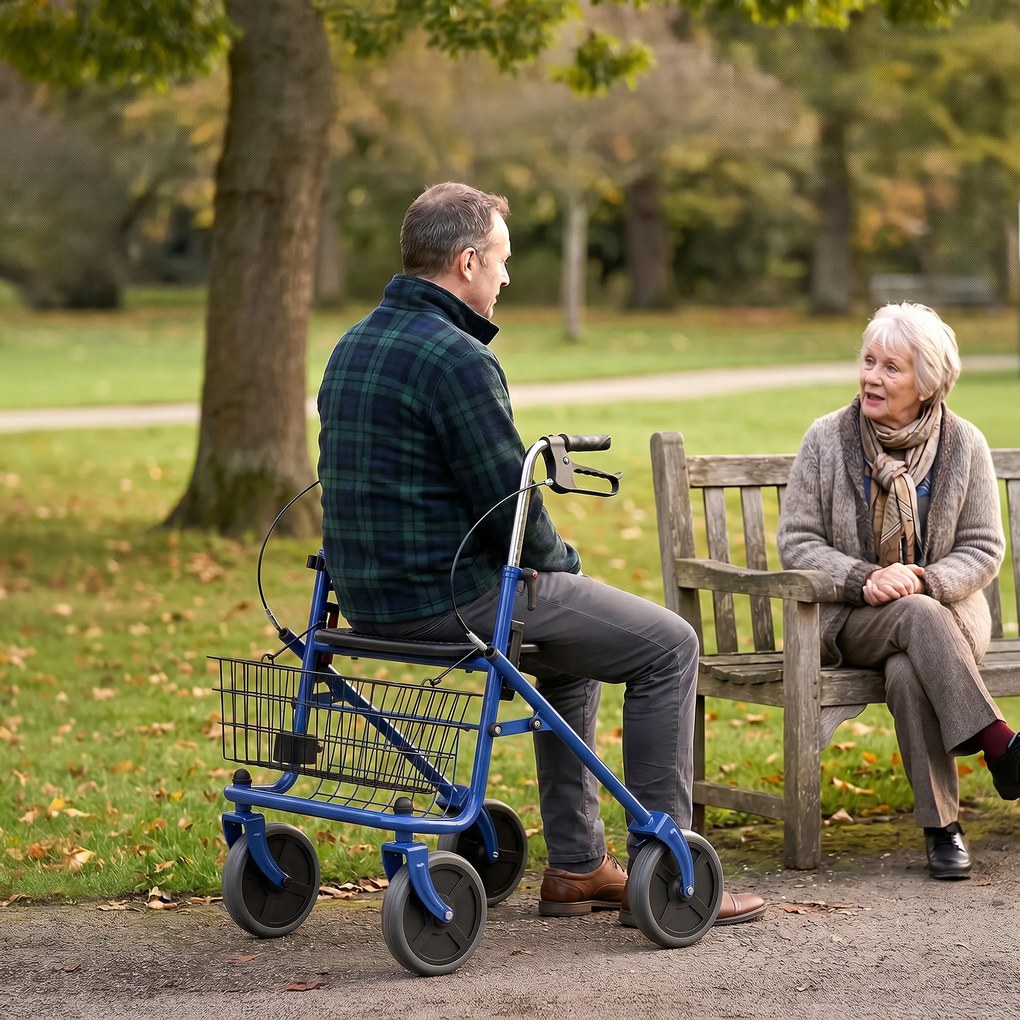 Andador 4 rodas dobrável, rollator em aço inoxidável, assento acolchoado em PU, pega regulável, azul
