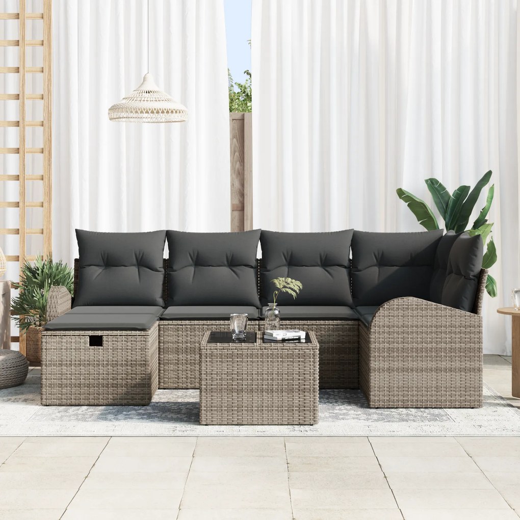 Conjunto de Sofá de Jardim de 7 peças com almofadas Cinza Rattan Polié