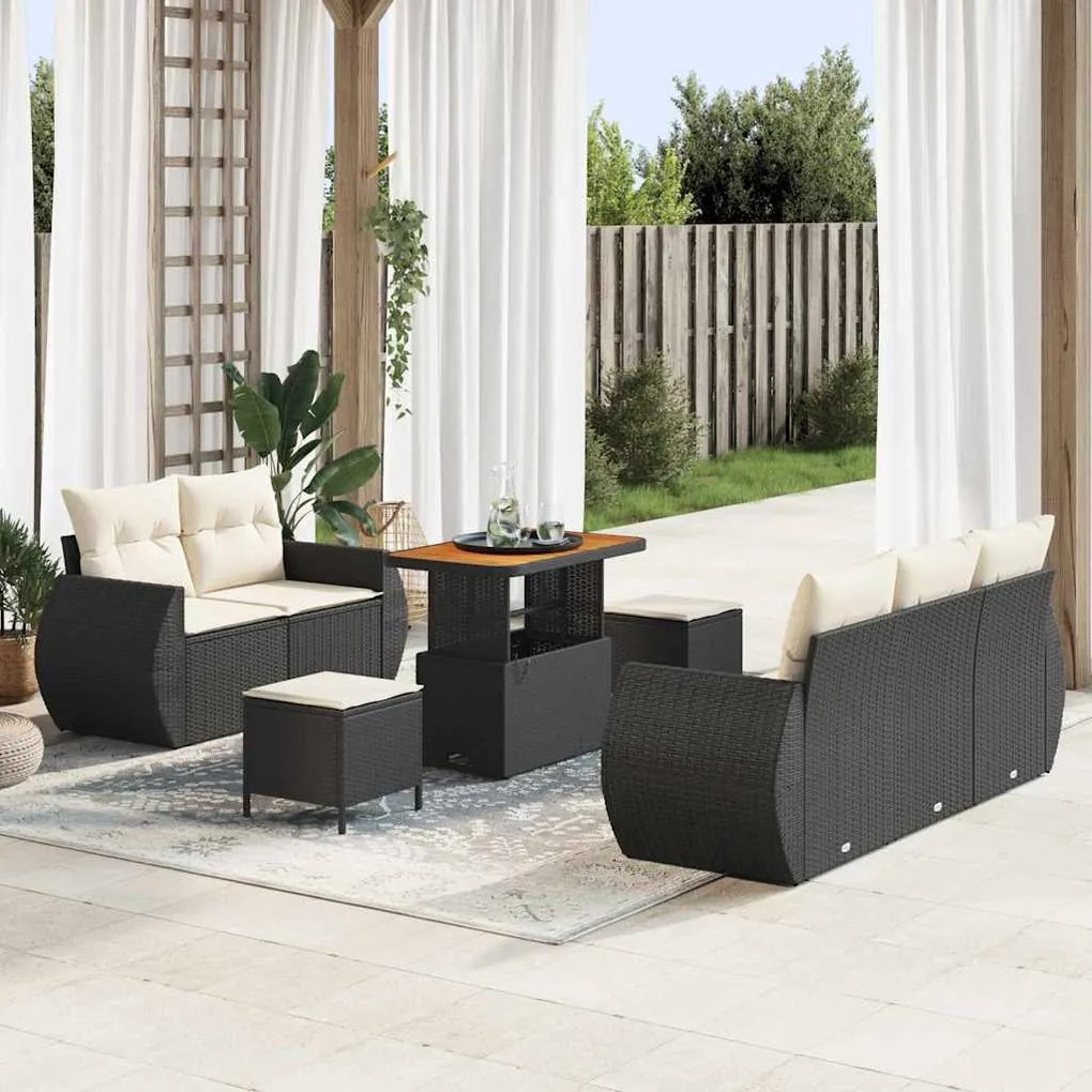 Conjunto de Sofá de Jardim com 8 Peças com Almofadas Preto Rattan de P