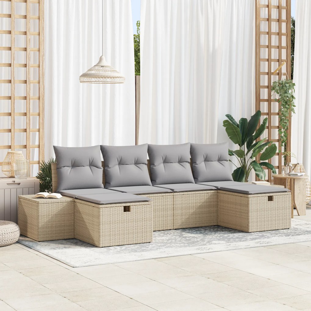 Conjunto de Sofás de Jardim de 6 Peças com Almofadas Bege Polirattan