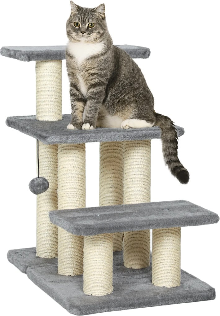 Escada ajustável para animais de estimação com 3 degraus, escada para gatos e cães, com arranhadores de sisal e bola, 52 x 34,5 x 54 cm, cinzenta