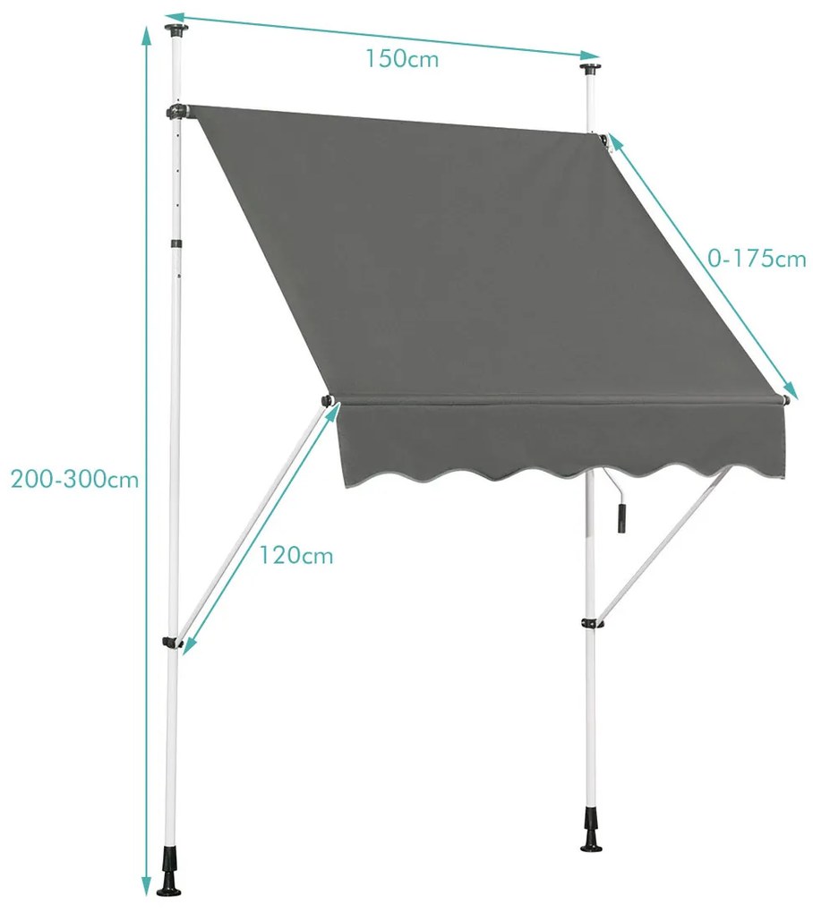Toldo Telescópico e Retrátil 150 x 120 cm Resistente aos Raios UV Impermeável com Manivela Manual e Altura Ajustável para Janela Varanda Cinza
