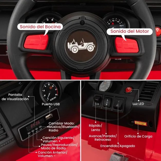 Carro Elétrico para Crianças de 2 Lugares com Bateria 24V com Controlo Remoto Bluetooth Música Luzes LED Vermelho