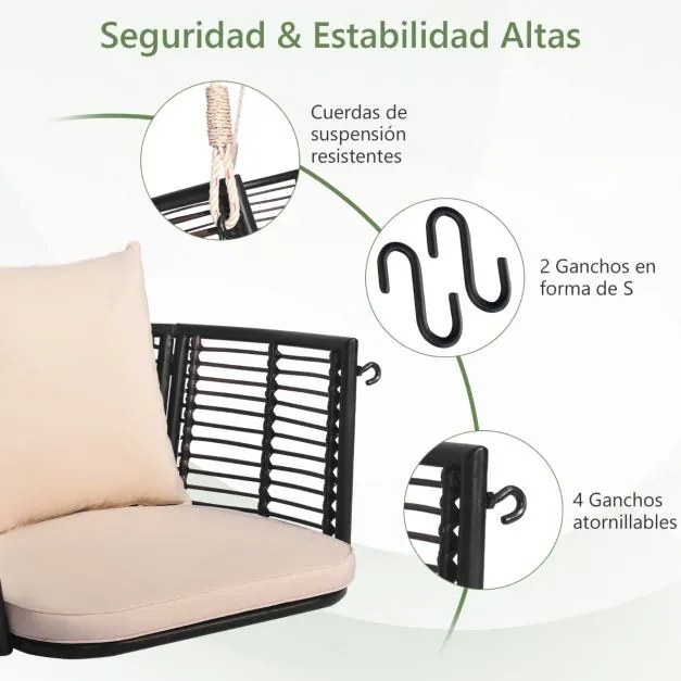 Baloiço de metal para 1 pessoa com encosto em rattan tecido 2 cordas suspensas Almofadas de assento Encosto para varanda Bege e castanho