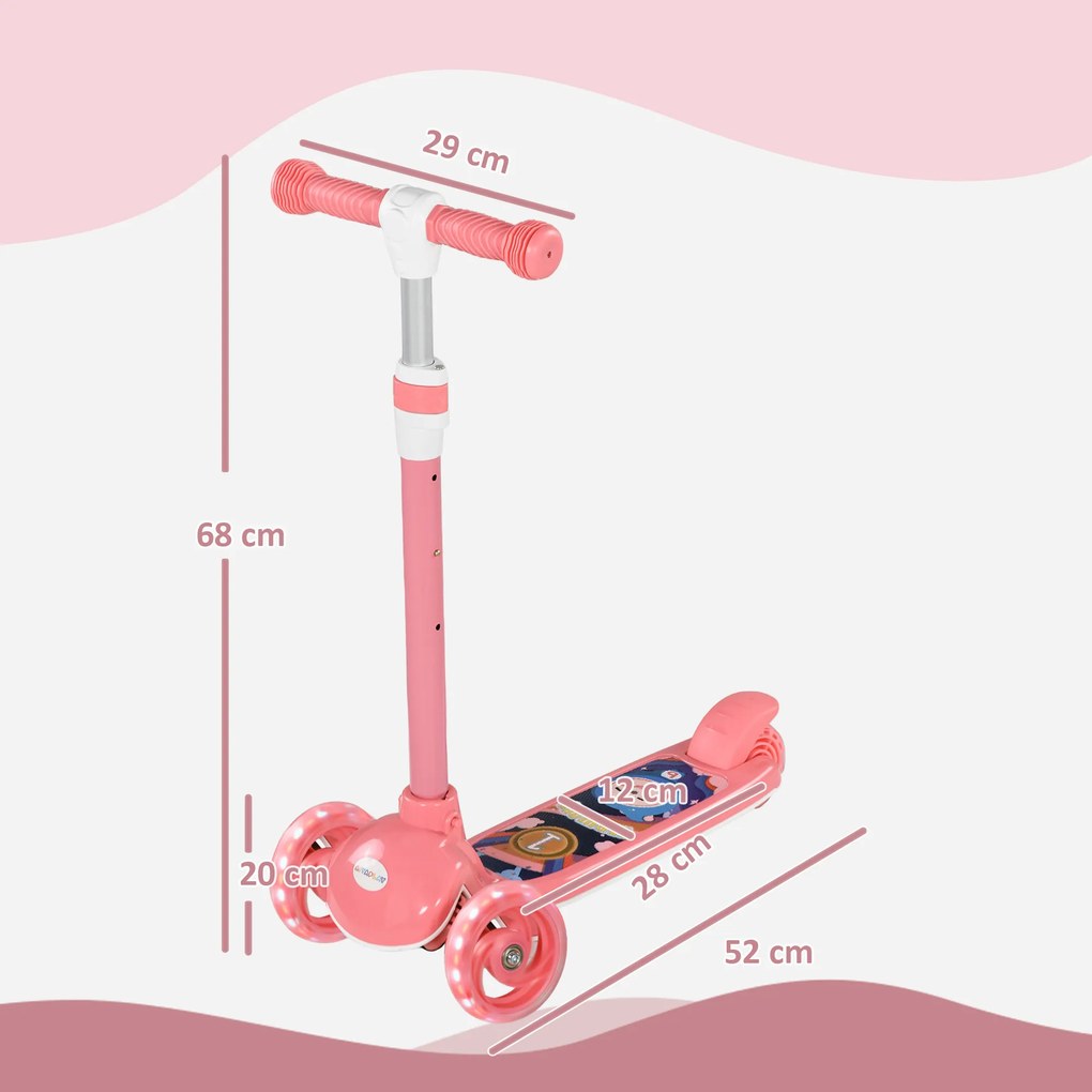 Trotinete para Crianças Trotinete com 3 Rodas LED Altura Ajustável Carga 25 kg 52x29x63-76 cm Rosa