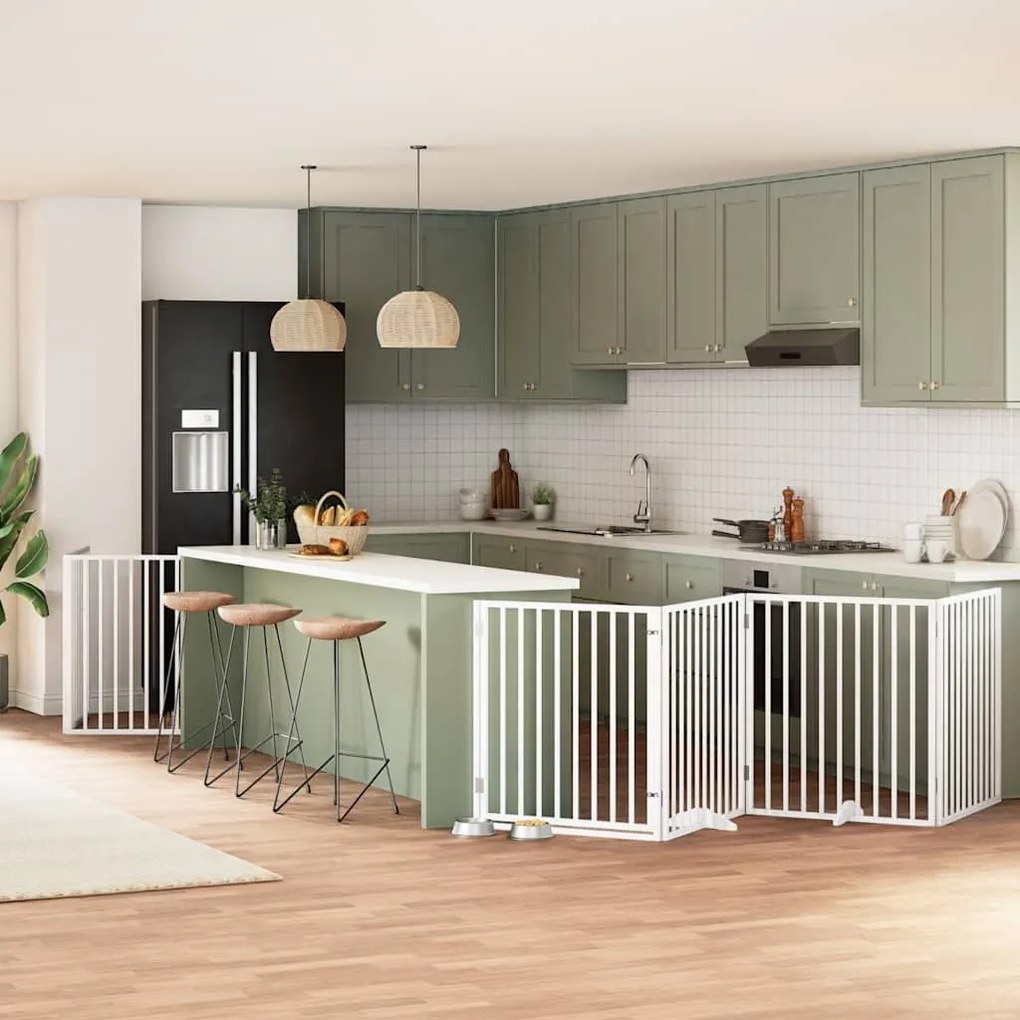 vidaXL Portão p/ cães com porta dobrável 6 painéis 480 cm álamo branco