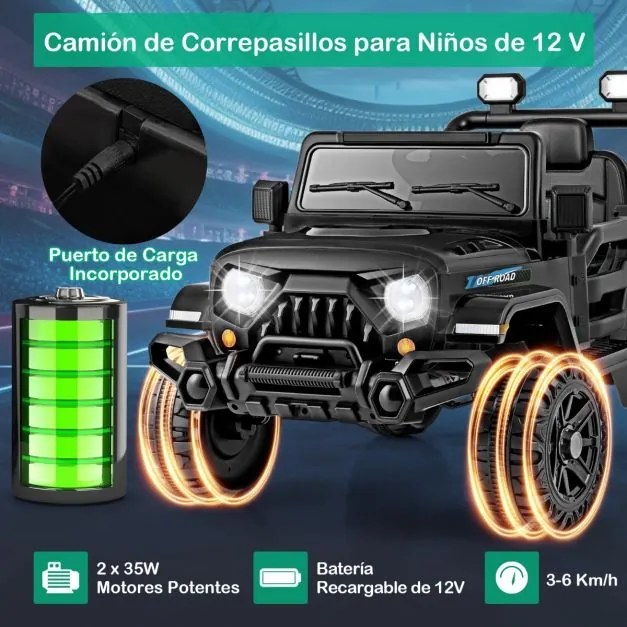 Carro elétrico para crianças de 12 V com 3 velocidades, música e luzes LED 99 x 62 x 62 cm preto