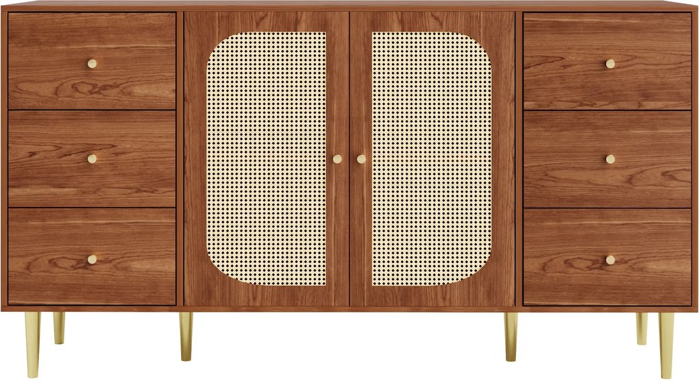 Aparador de rattan com gavetas, elegante armário de arrumação, 160x40x90 cm, Castanho