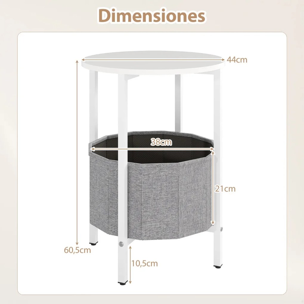 Mesa apoio redonda 44 x 60,5 cm para espaços pequenos de dois níveis com cesto de tecidoEstrutura metálica para sala de estar e quarto cinzenta