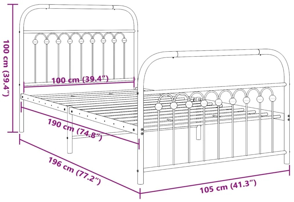 Estrutura de cama com cabeceira e pés 100x190 cm metal branco