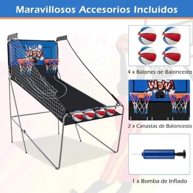 Máquina de basquetebol dobrável com Contador eletrónico e 8 jogos diferentes Azul