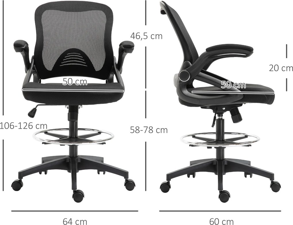 Cadeira de escritório ergonómica, com apoio para os pés com encosto em malha, altura ajustável, braços, assento almofadado e giratório a 360°, preta