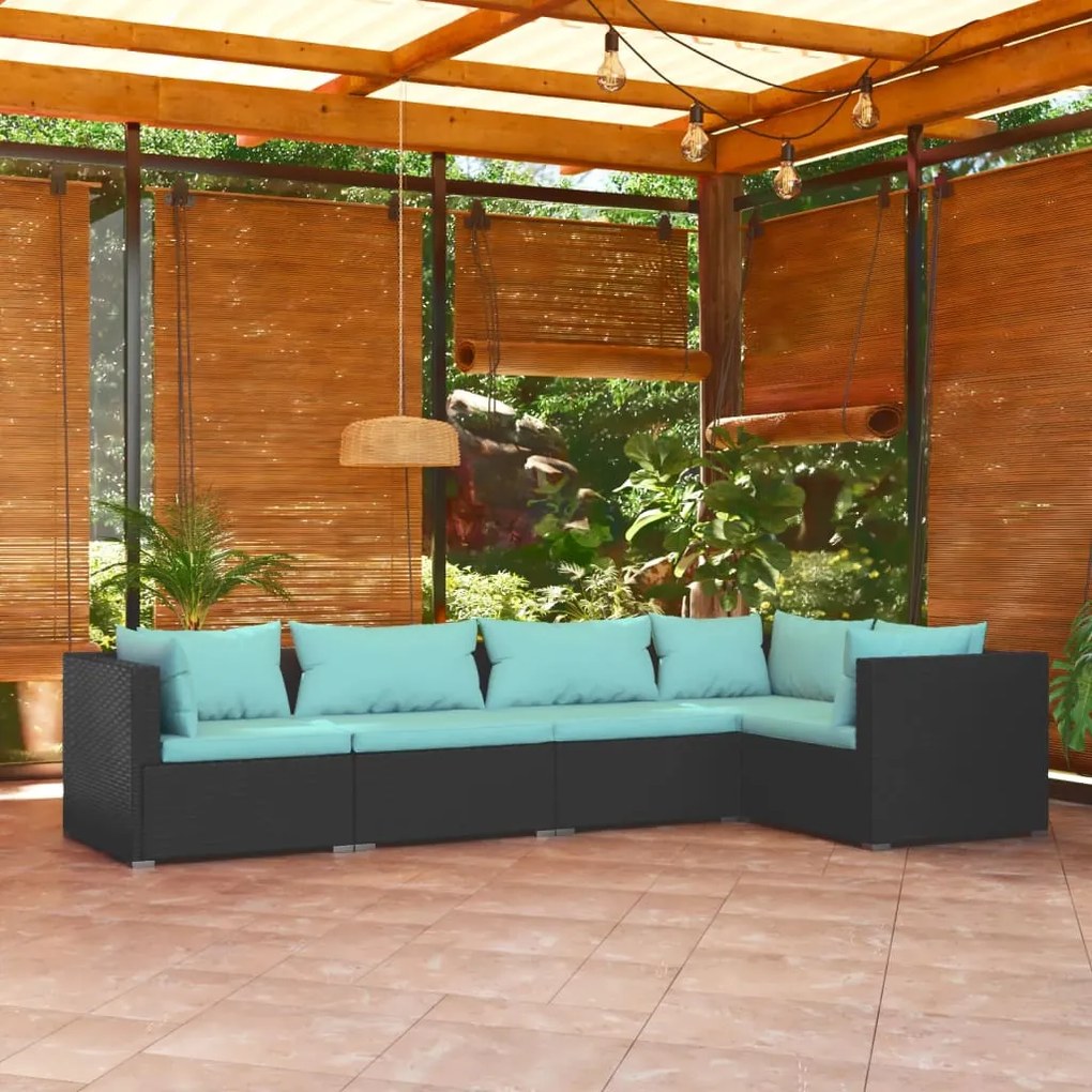 5 pcs conjunto lounge de jardim c/ almofadões vime PE preto