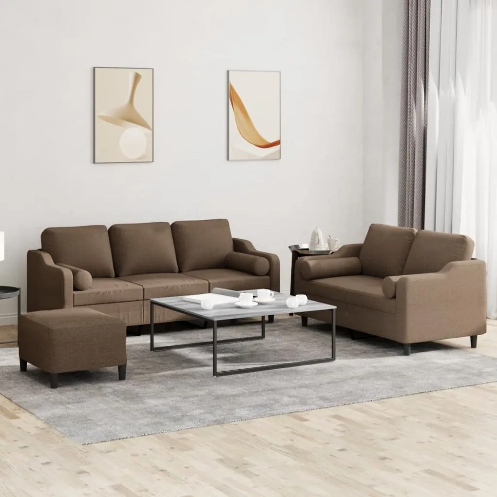 3 pcs conjunto de sofás com almofadas tecido castanho