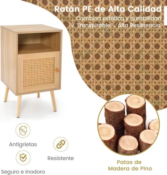 Mesa cabeçeira ou de apoio com Estante e Porta Decorada em Rattan PE para Quarto Sala de Estar 40 x 39 x 70 cm Natural