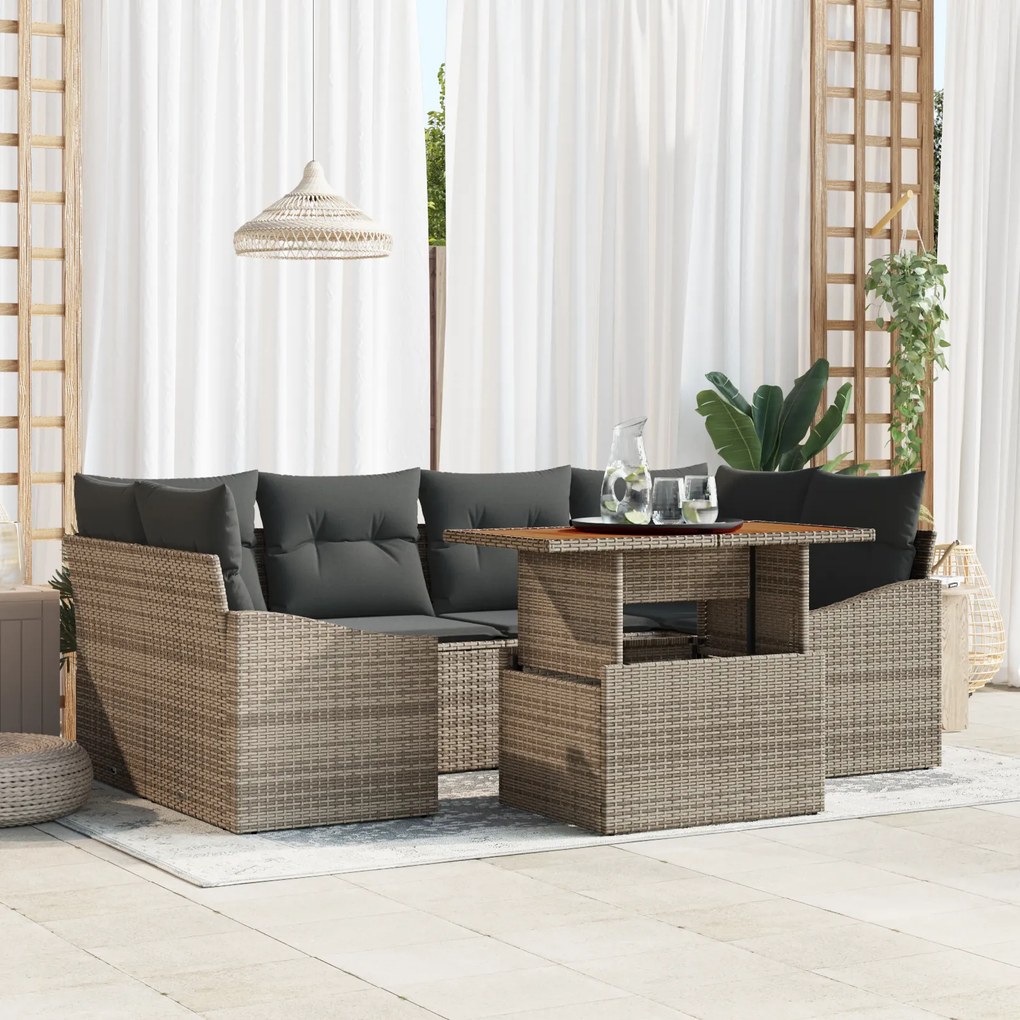 Conjunto de Sofá de Jardim de 7 Peças com Almofadas Cinza de Rattan Po