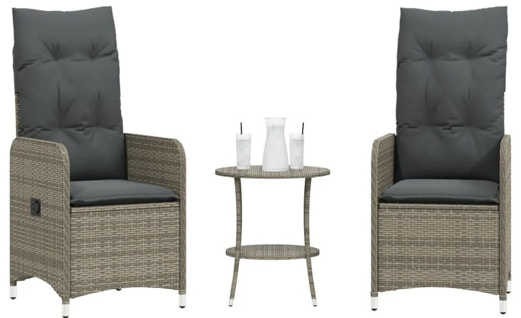 Cadeiras jardim reclináveis 2 pcs com mesa vime PE cinzento