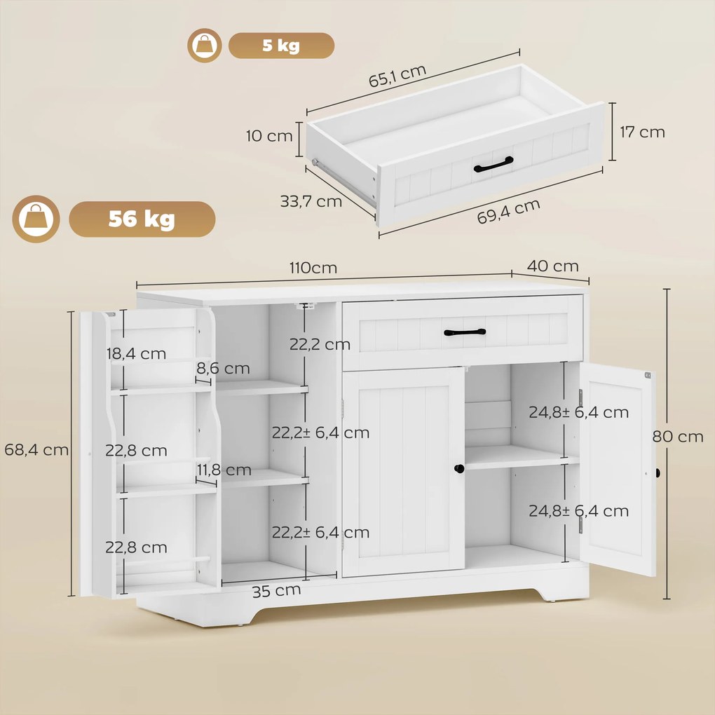 Armário de cozinha 110 x 40 x 80 cm, móvel de arrumação com gaveta, 3 portas com fecho suave, suportes para copos e prateleiras ajustáveis, branco