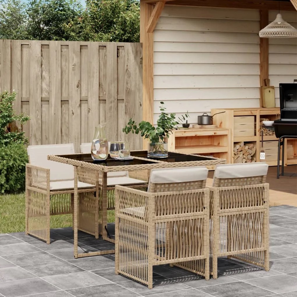 vidaXL 5 pcs conjunto de jantar p/ jardim com almofadões vime PE bege