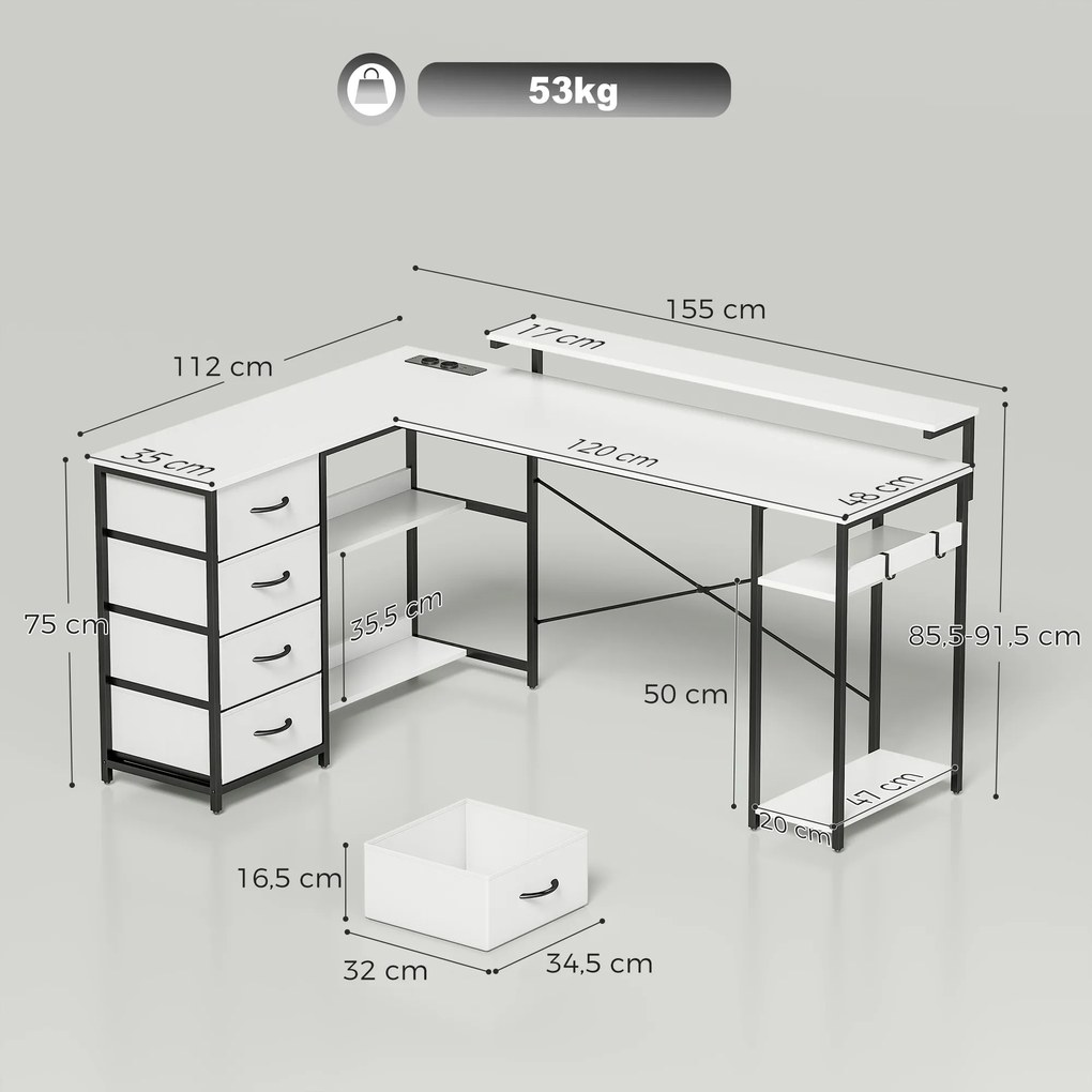 Secretária de canto com 4 gavetas com tomdas 155x112x85,5-91,5 cm Branco