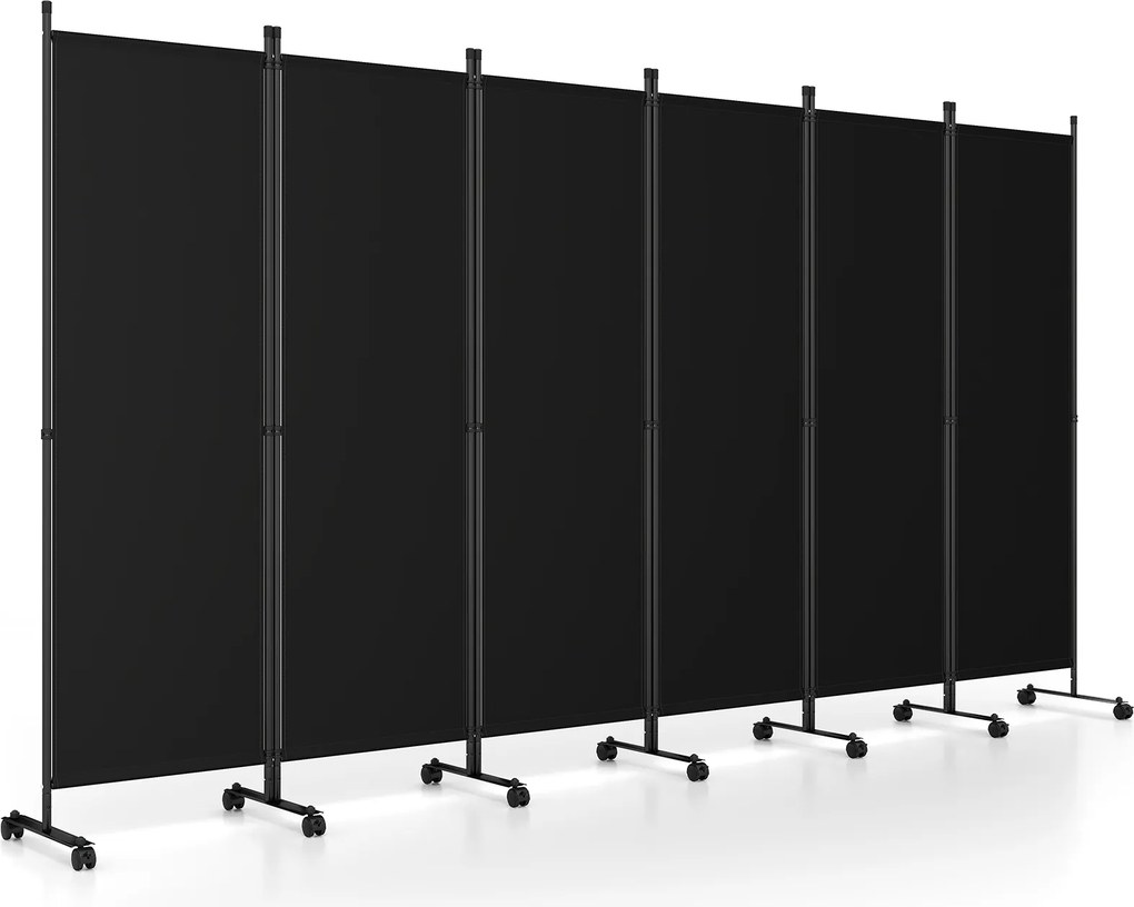 Biombo  Separador de Espaço Dobrável de 6 Painéis, 331,5 x 35,5 x 173 cm, Rodas com Travão, Preto