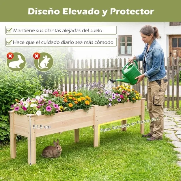 Floreira elevada de madeira retangular 240 x 43,5 x 51,5 cm com pés e orifícios de drenagem para horta urbana exterior, ideal para legumes e flores –